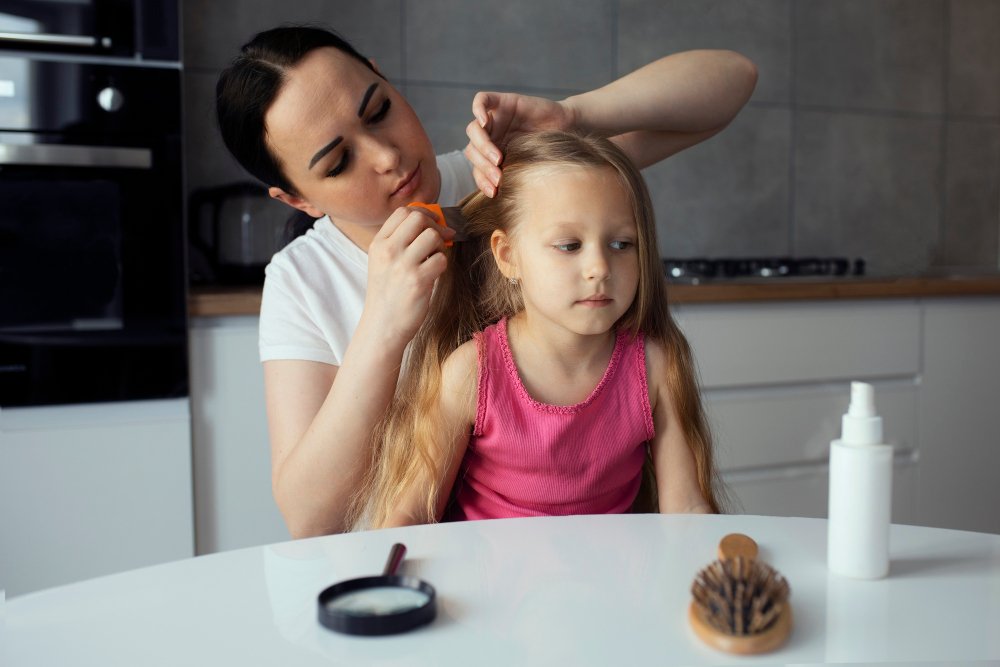 mãe aplicando tratamento de piolho na filha