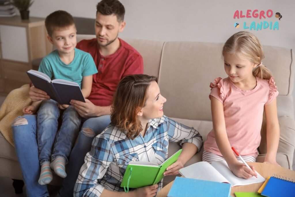 Família aproveitando o momento juntos para ler, família tendo um tempo de qualidade