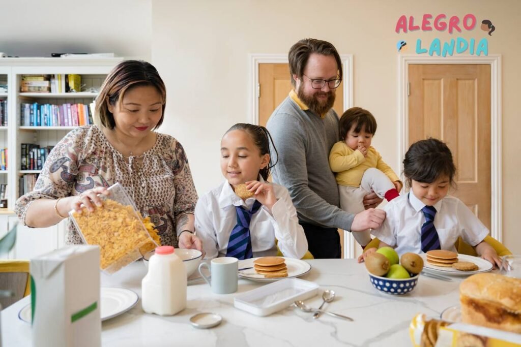 Família realizando sua rotina matinal antes de ir para a escola e trabalho.